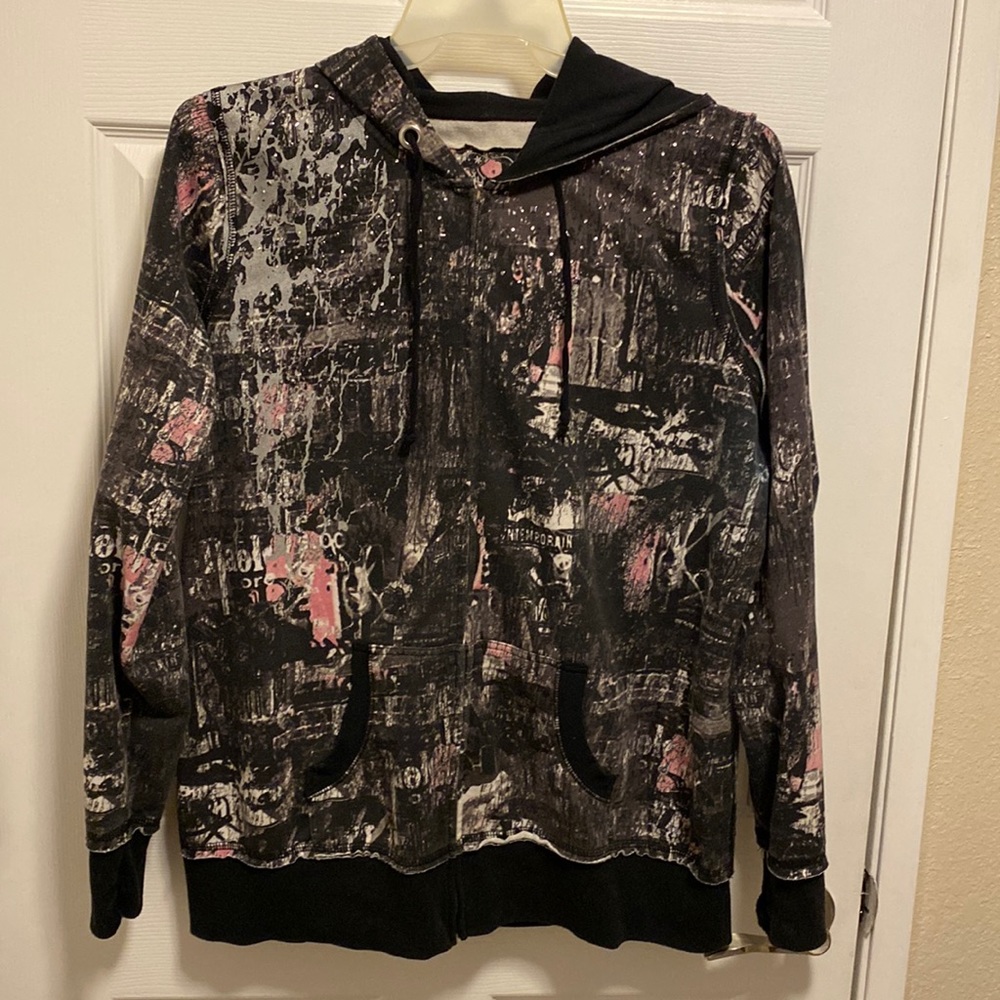 Maurice’s plus size full zip sweatshirt, black with gray and pink